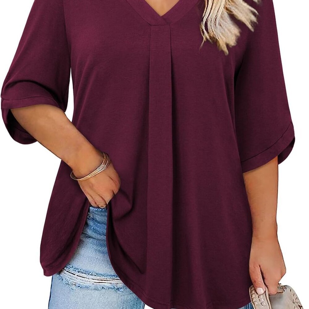 Plus Size Tops for Women 3/4 Sleeve Shirts V Neck Blouses Tunic Top Spring Summe